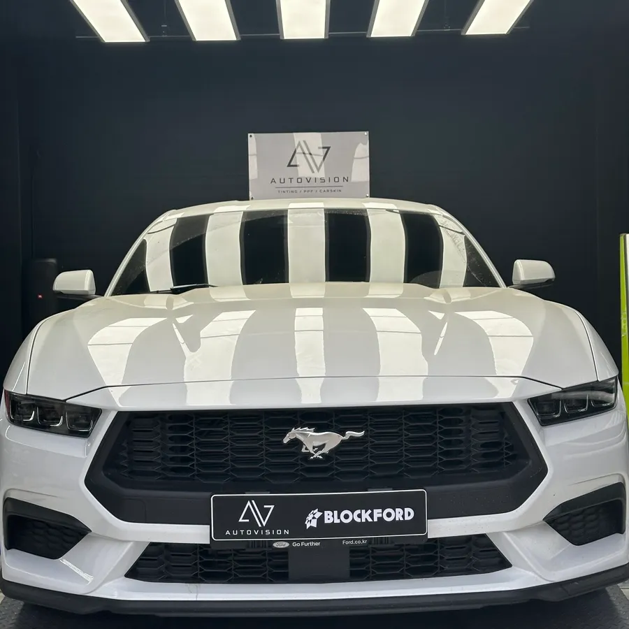 Ford MustangのヘッドライトPPF施工事例|スモークフィルム 施工写真 1-3