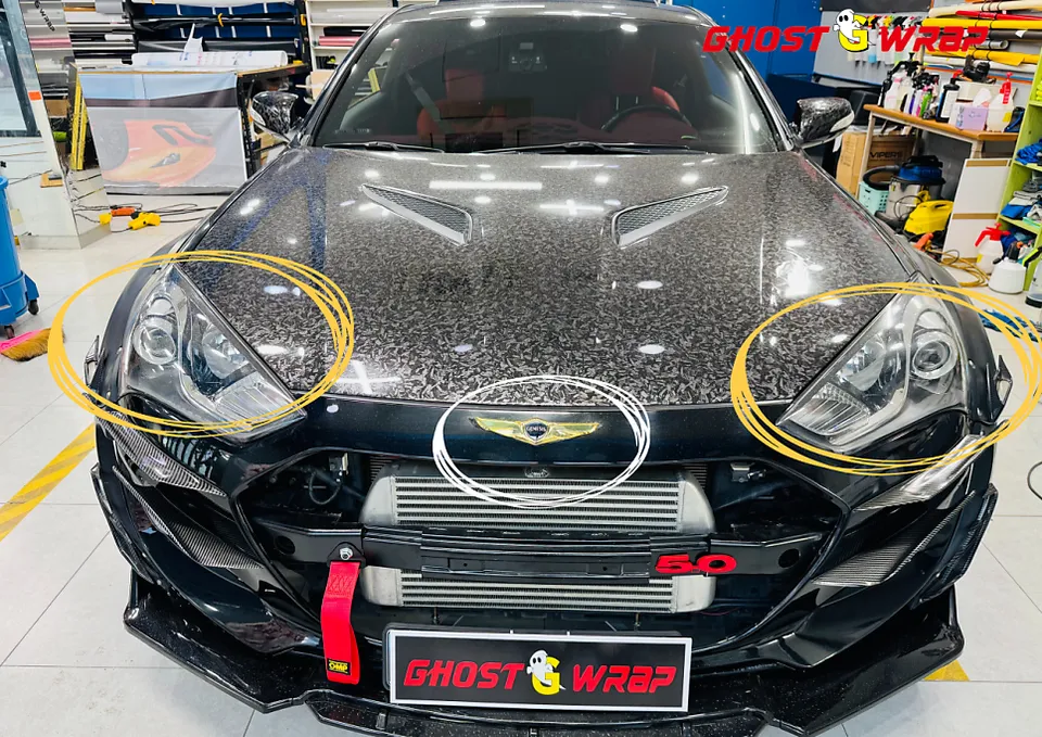 Genesis Coupe PPF施工事例|ライト・エンブレムカスタム 施工写真 3-1