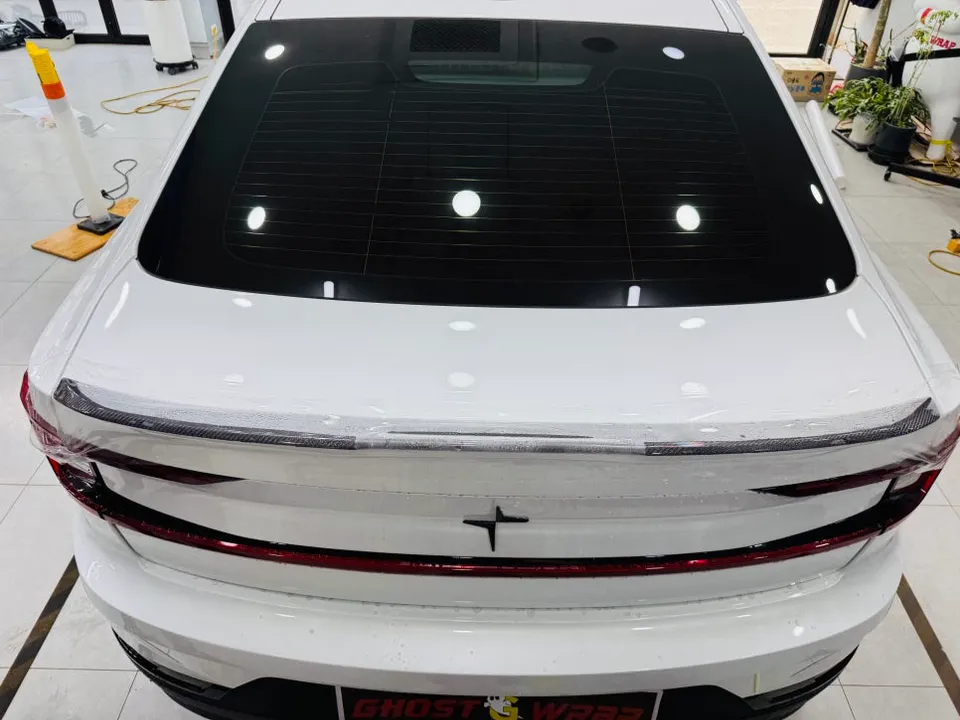 Polestar 2 PPF施工事例|ヘッドライト・スポイラー保護 施工写真 1-3