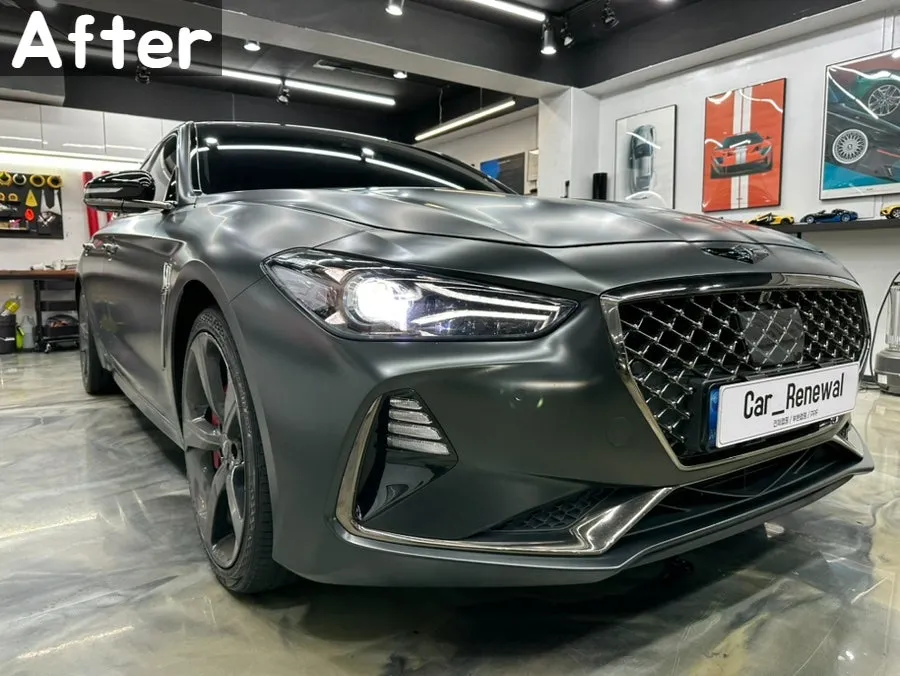 Genesis G70のカーラッピング事例:メタリックブラックロックグレー 施工写真 3-2