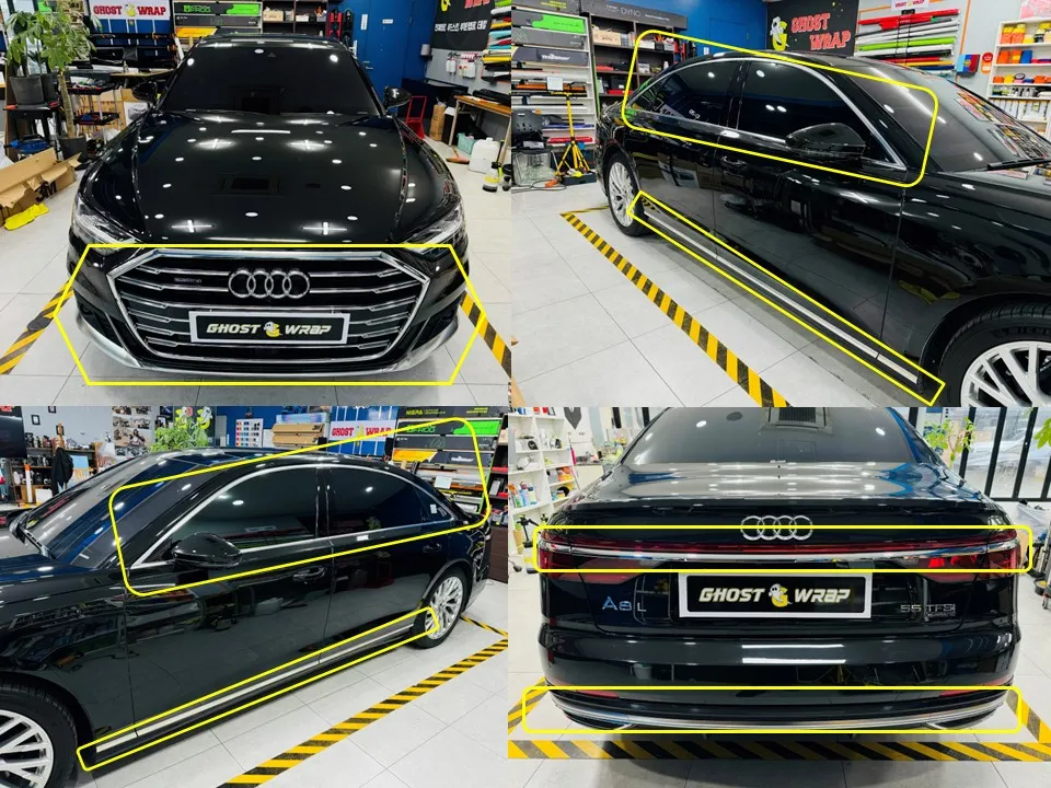 Audi A8のカーラッピング事例|クロームブラック化と内装PPF 施工写真 2-2