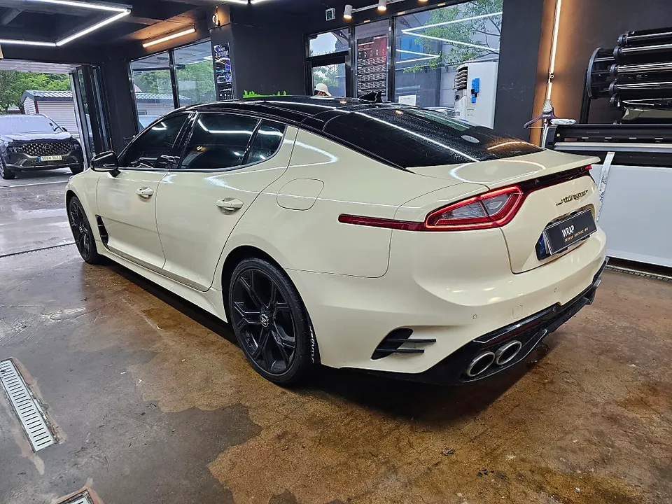 Kia Stingerのカーラッピング事例|高光沢サンレモグリーン 施工写真 3-3