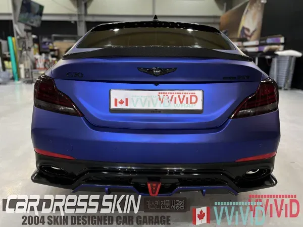 Genesis G70のカーラッピング事例|無光ブルークローム 施工写真 1-3